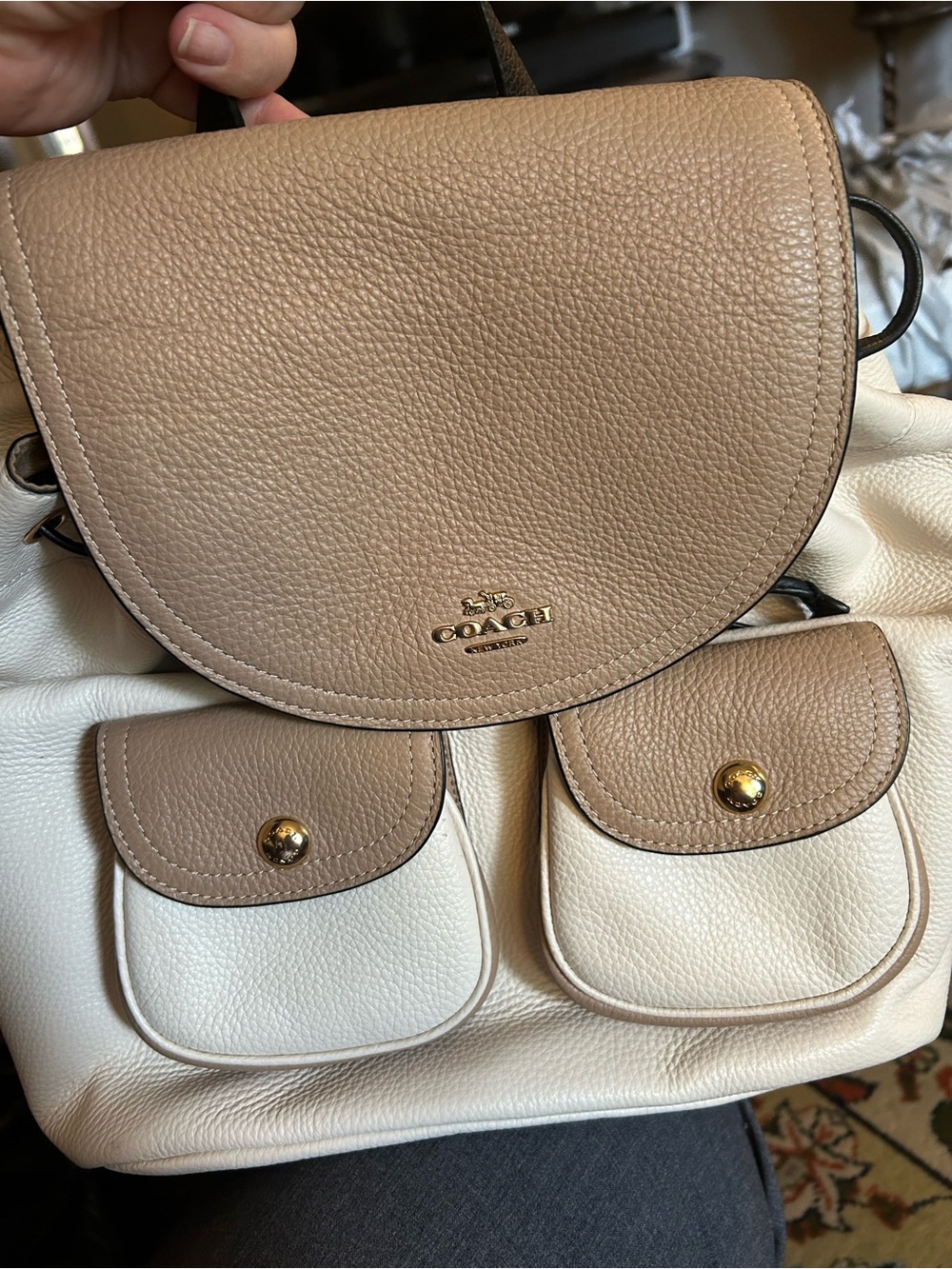 NWOT Coach Pennie Two-Tone Tan & Cream Pebbled Leather Backpack - Picture 2 of 12